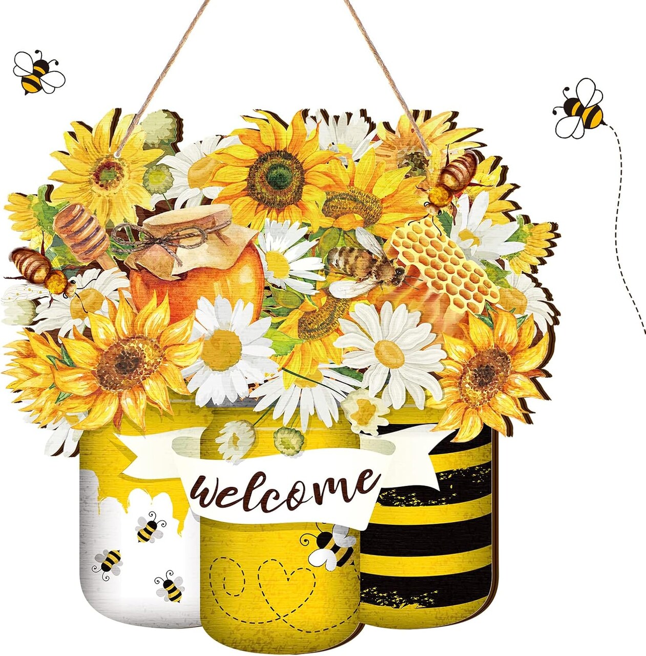 Bee Welcome Wood Door Yellow Bee summer Hanger Wooden Sign Farmhouse Wall Porch Art Summe Wreath Hanging for Front Door Decoration